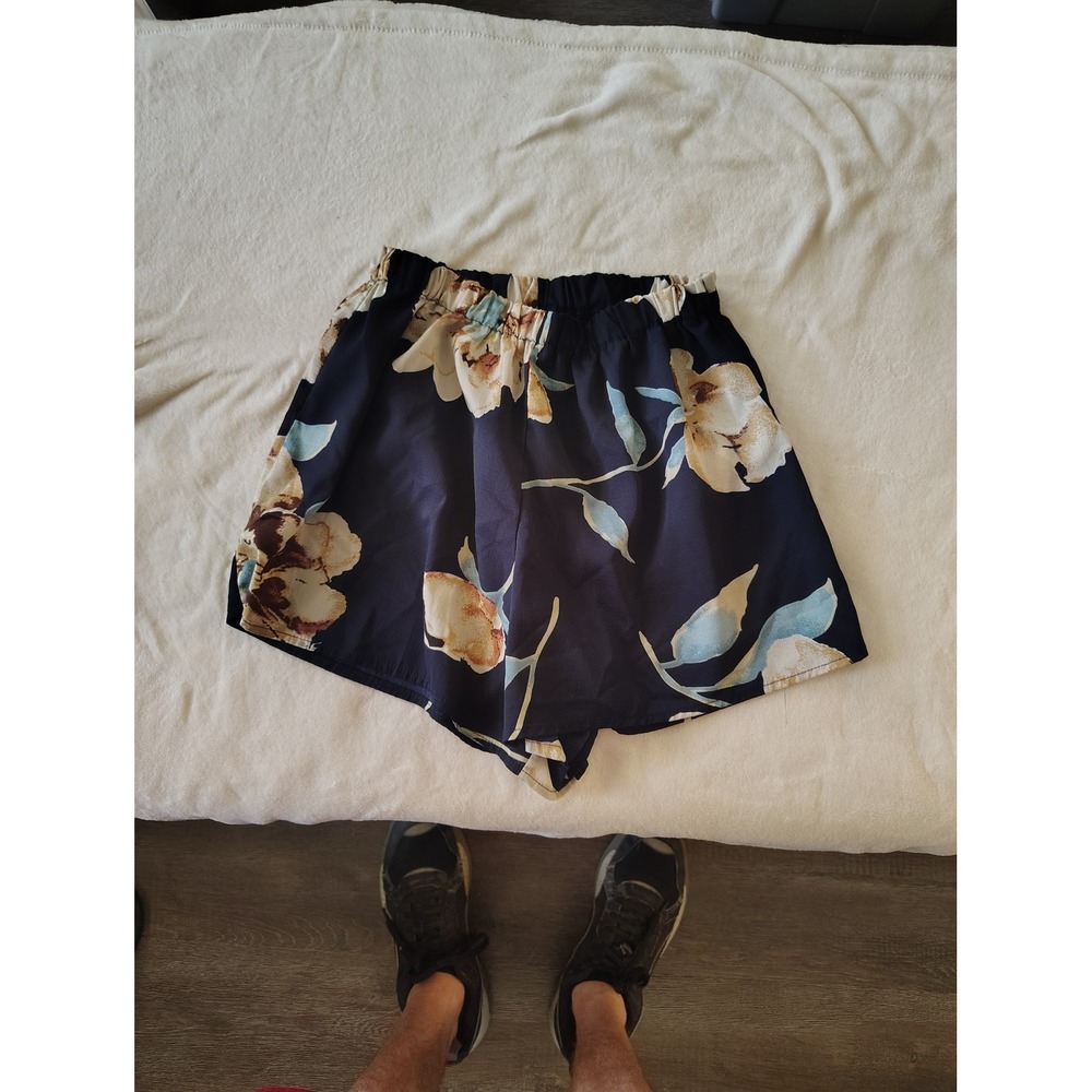 Navy Blue Floral High Waisted Elastic Waist Flowy‎ Summer Shorts Womens Medium